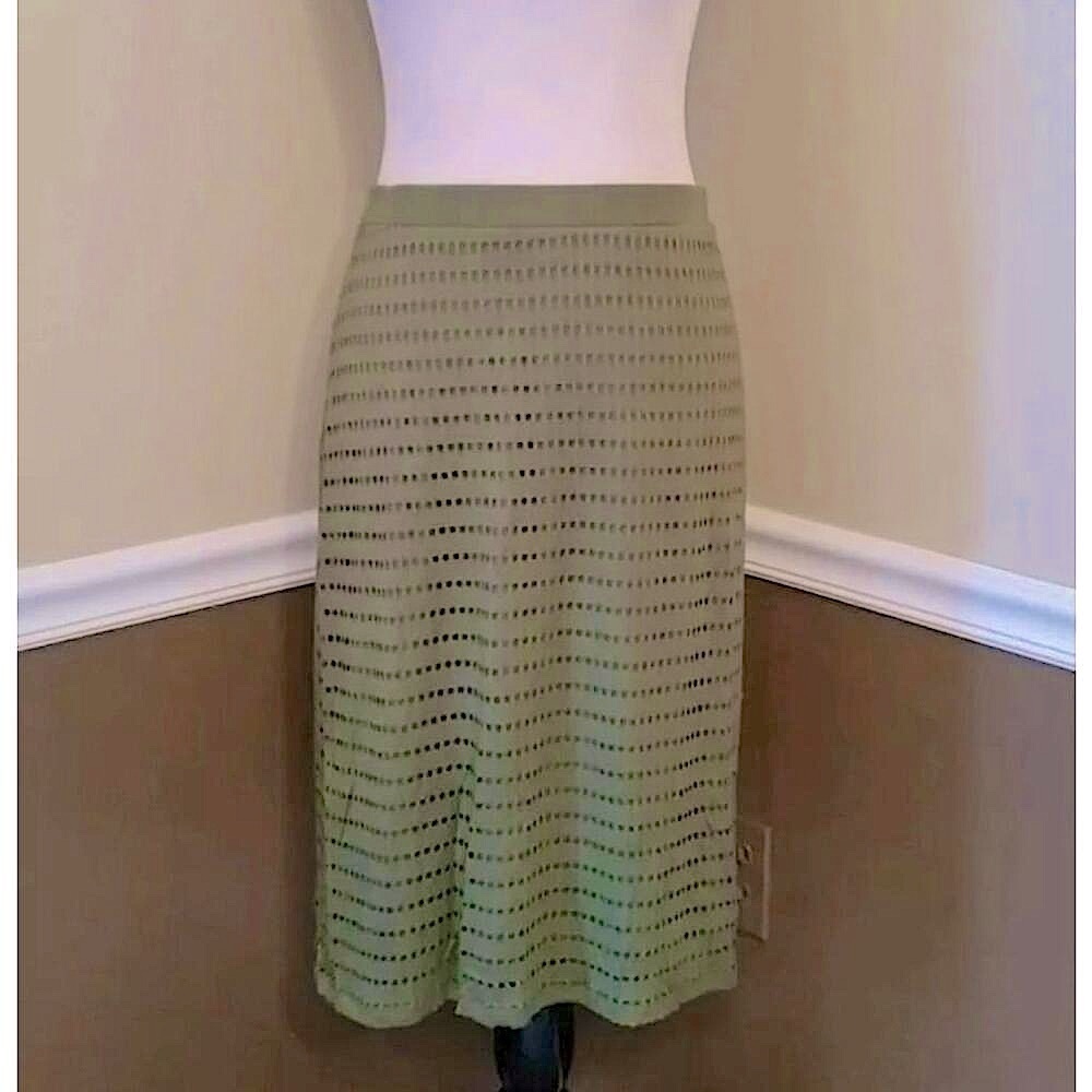 Olive Green Midi Pencil Skirt Eyelet Overlay by DE Collection Small/Medium NEW